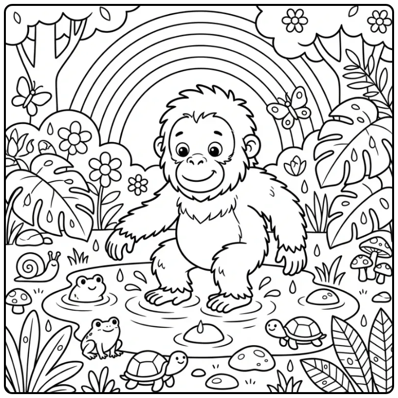 Cheerful Orangutan Rainbow and Frogs coloring page