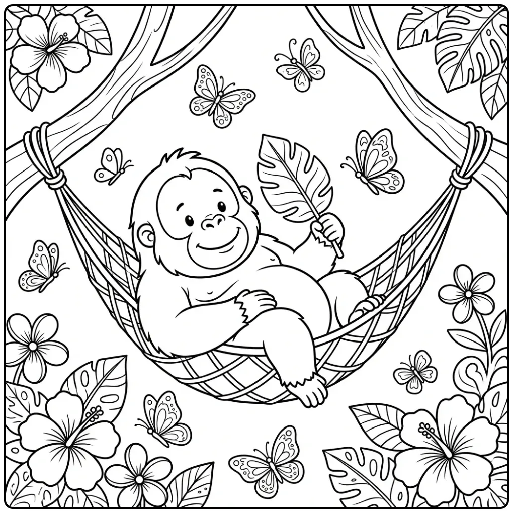 Cheerful Orangutan Relaxing in the Jungle coloring page