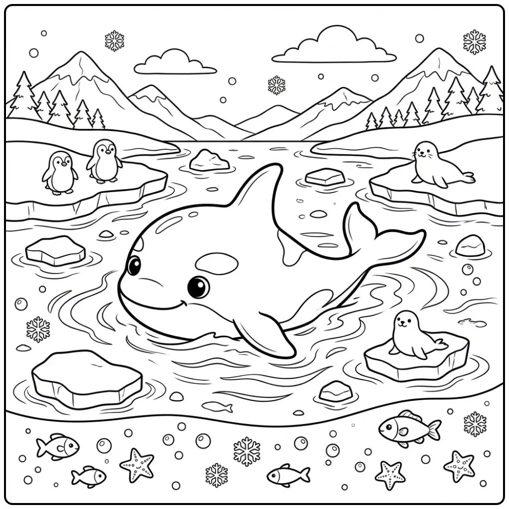 Cheerful Orca Whale in a Cold Bay coloring page