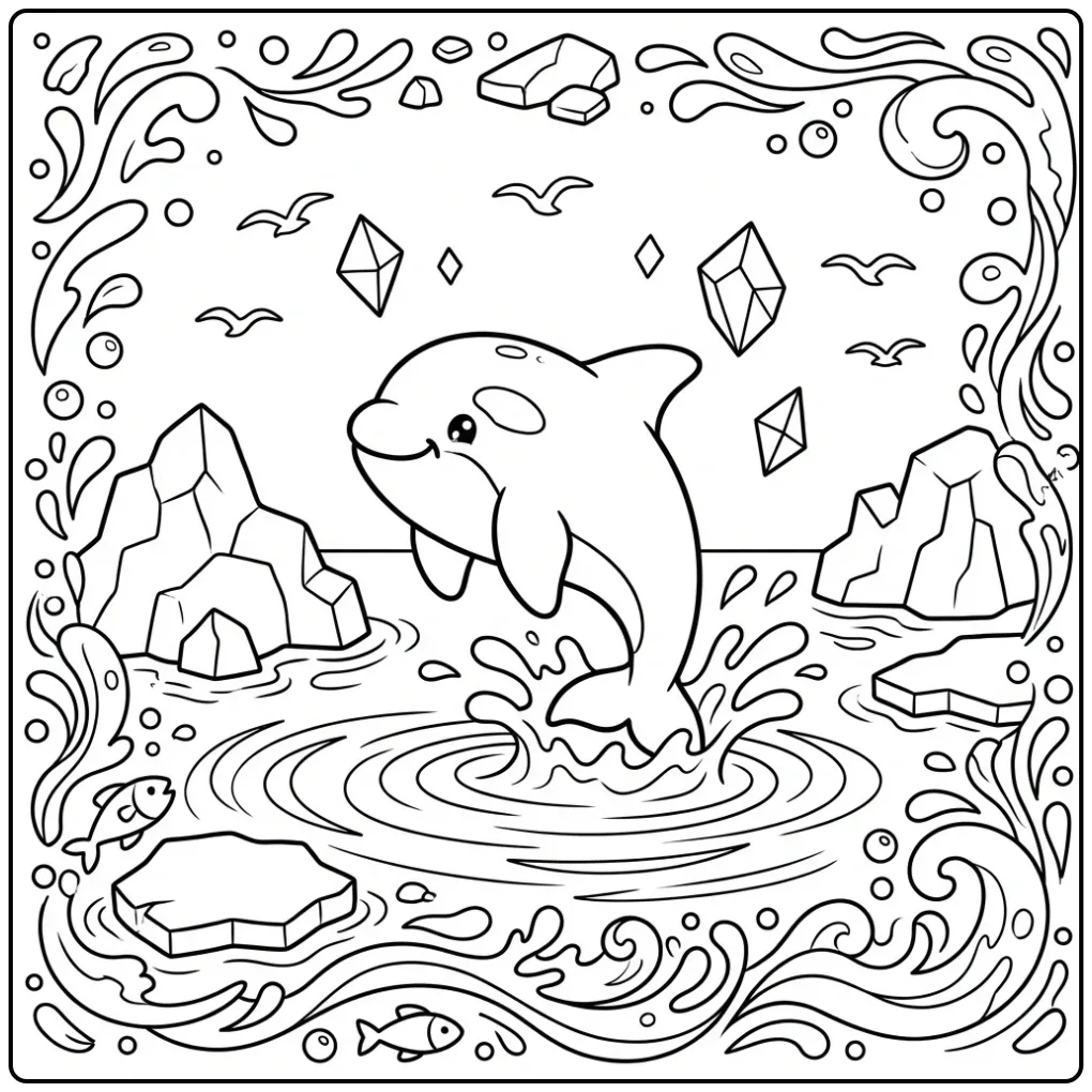 Cheerful Orca with Icebergs and Seabirds coloring page