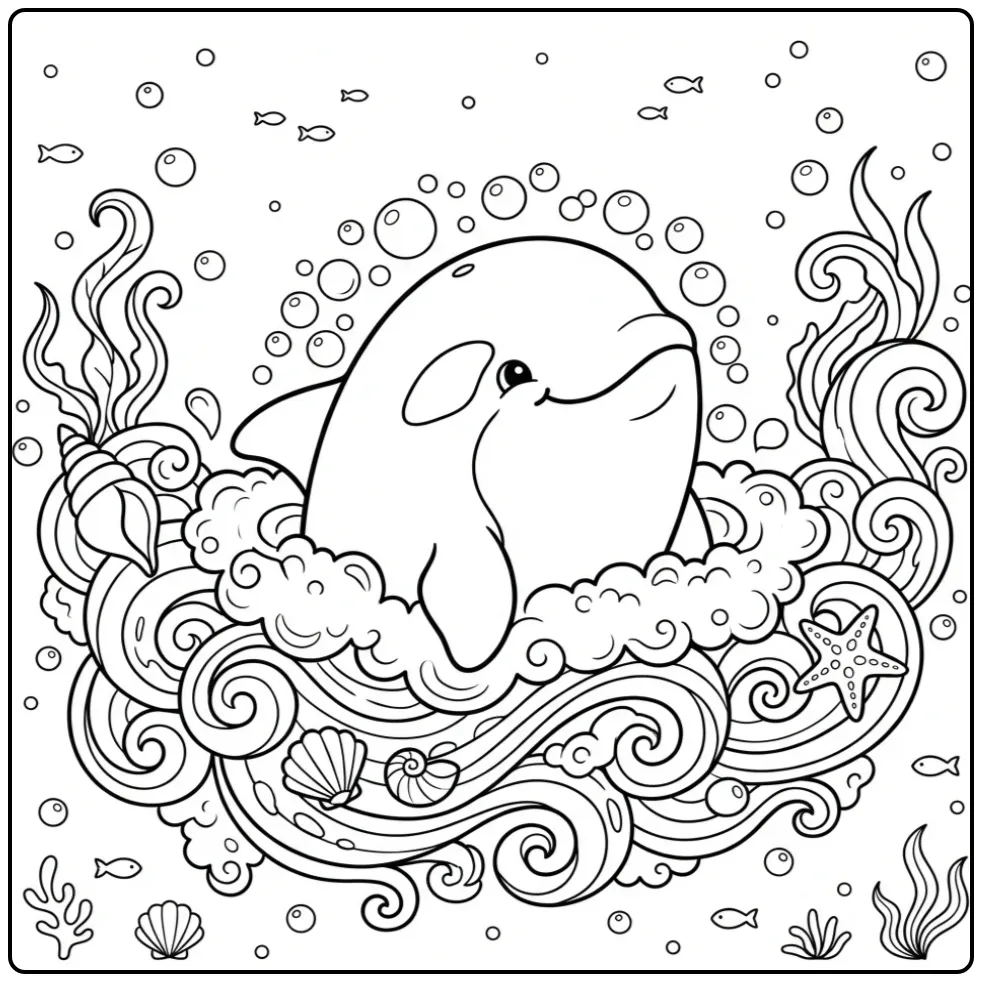 Cheerful Orca Shells and Waves coloring page