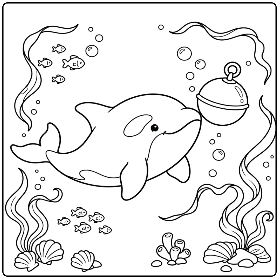 Cheerful Orca Playing with a Ball and Fish coloring page