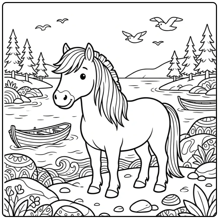 Cheerful Fjord Horse with Boats and Trees coloring page