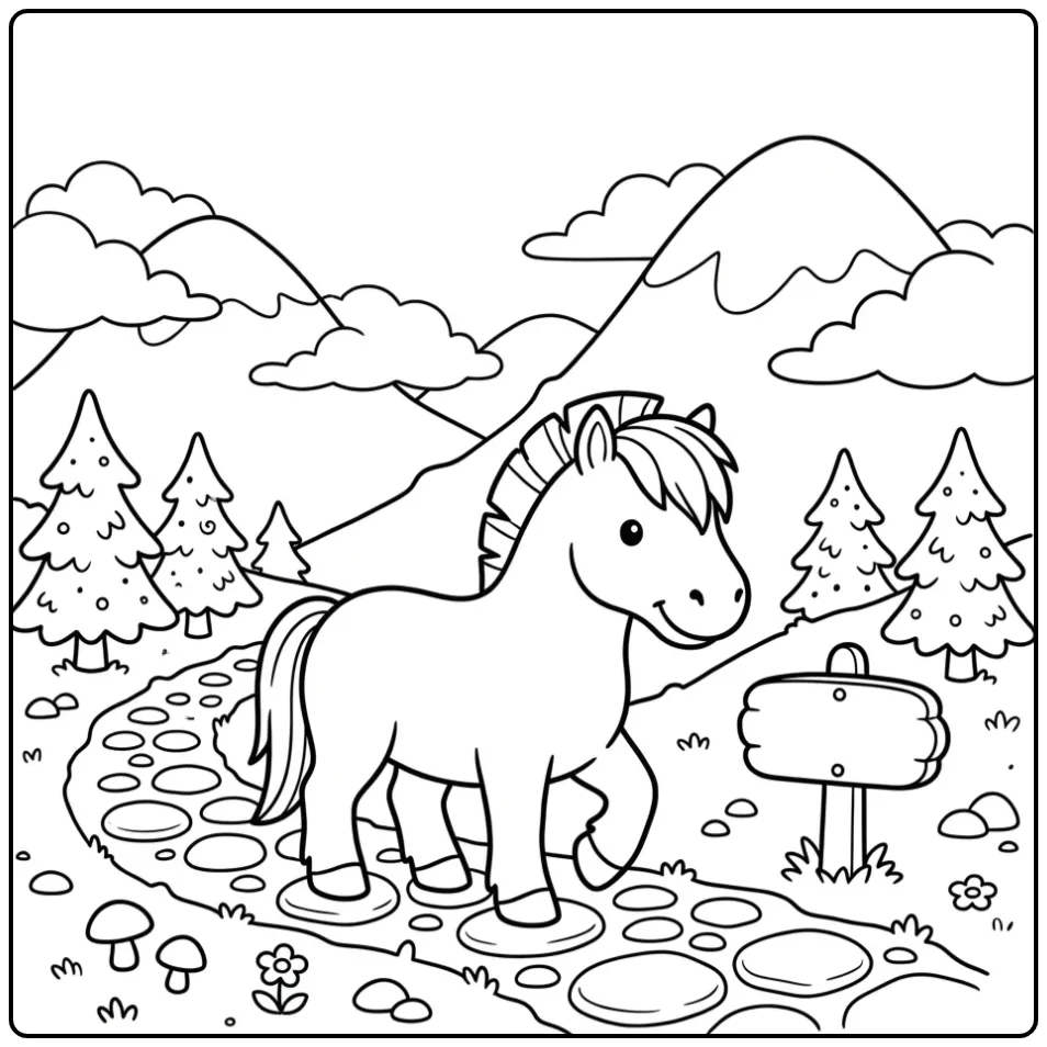 Cheerful Fjord Horse on a Mountain Path coloring page