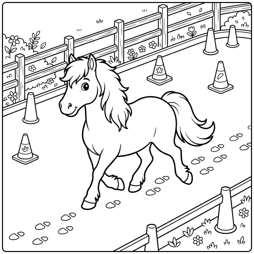 Cheerful Friesian Horse Trotting in the Arena coloring page