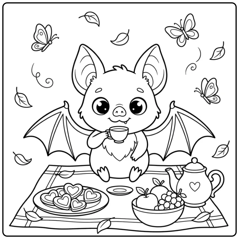 Cheerful Cute Bat Picnic coloring page