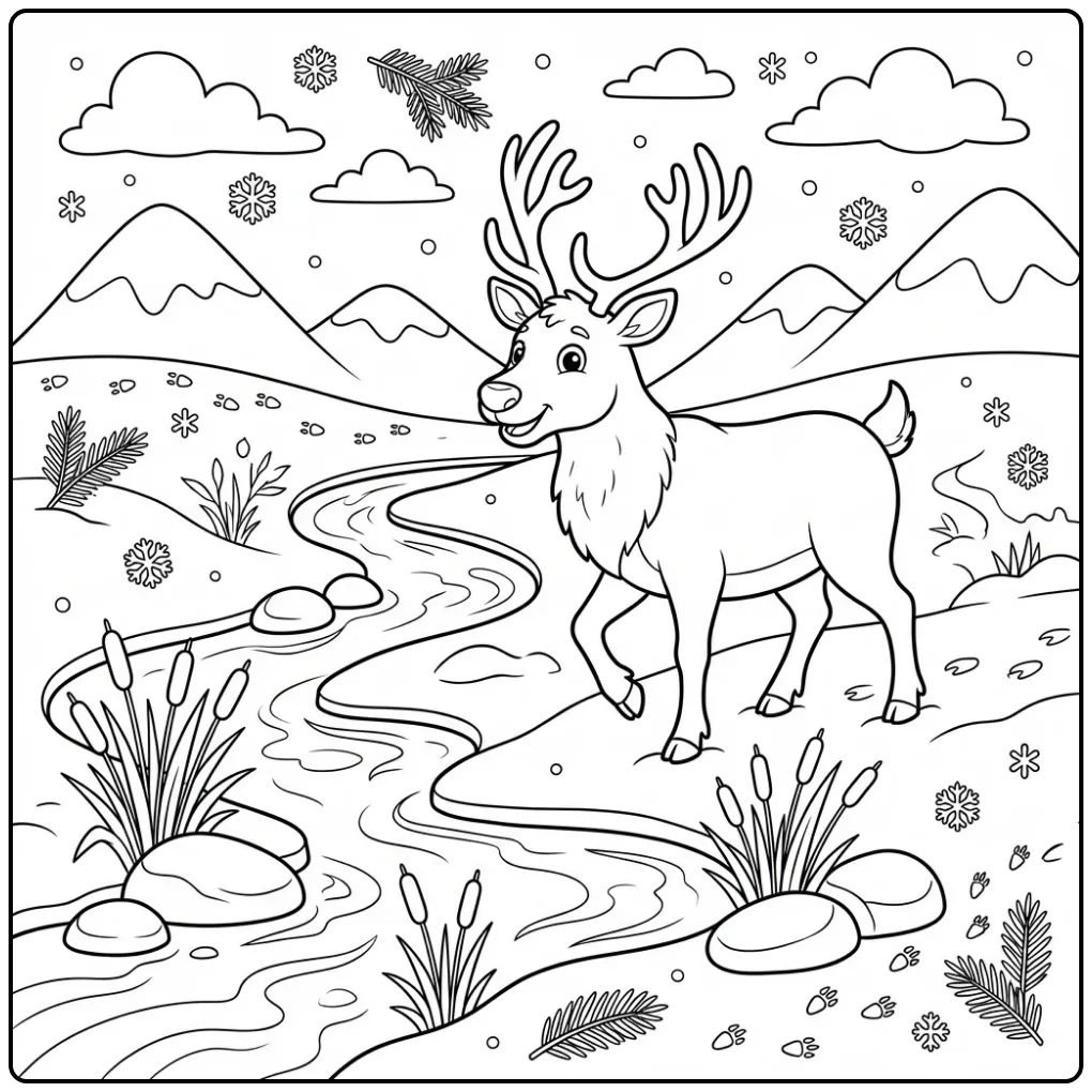 Reindeer coloring page showing a reindeer walking through the tundra