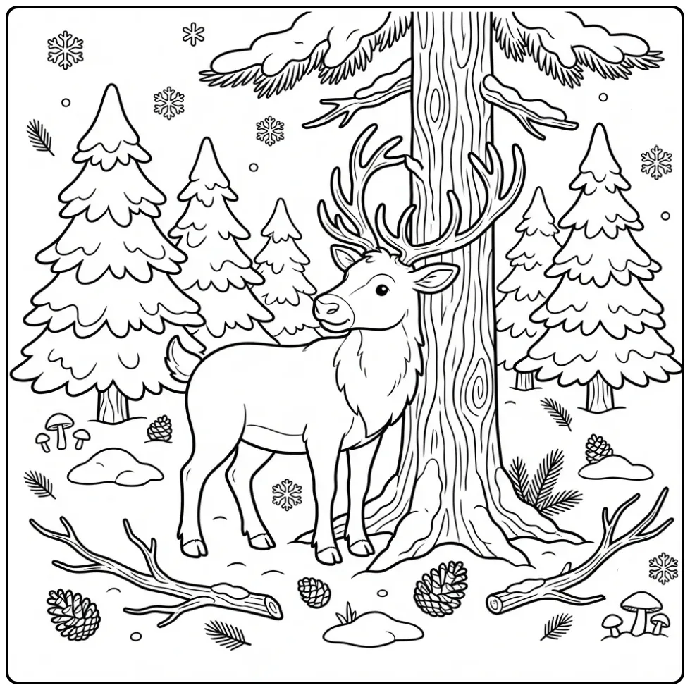 Reindeer coloring page showing a reindeer near a pine tree