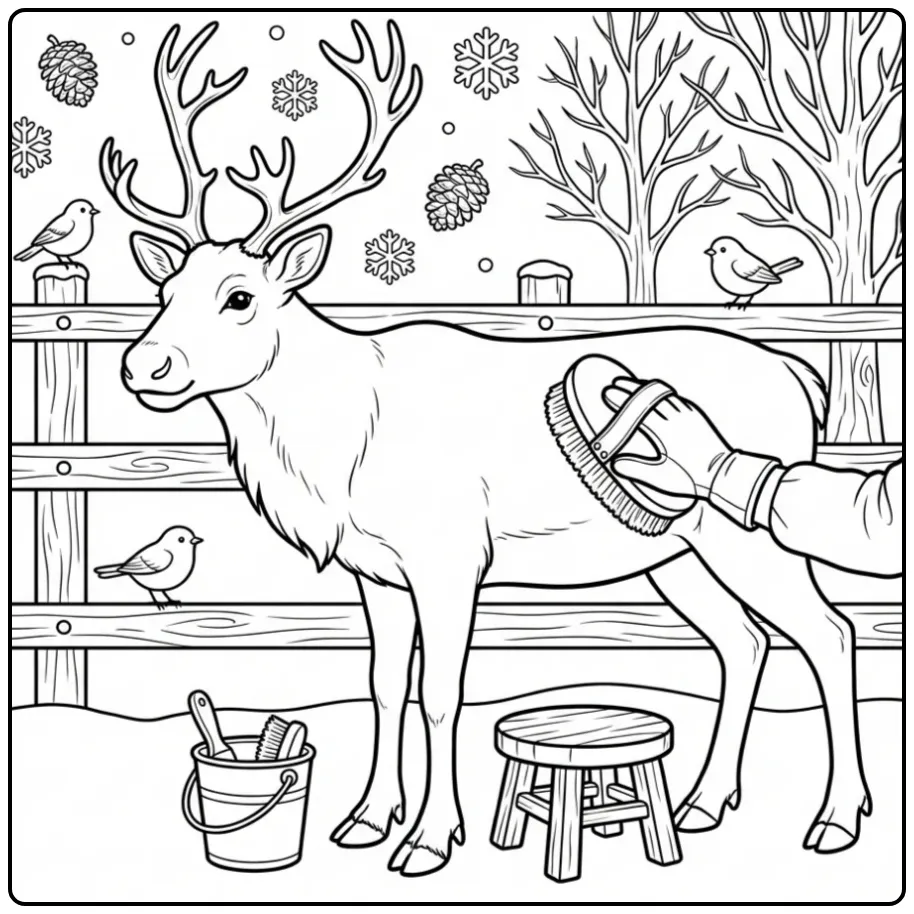 Reindeer coloring page featuring a brushed reindeer
