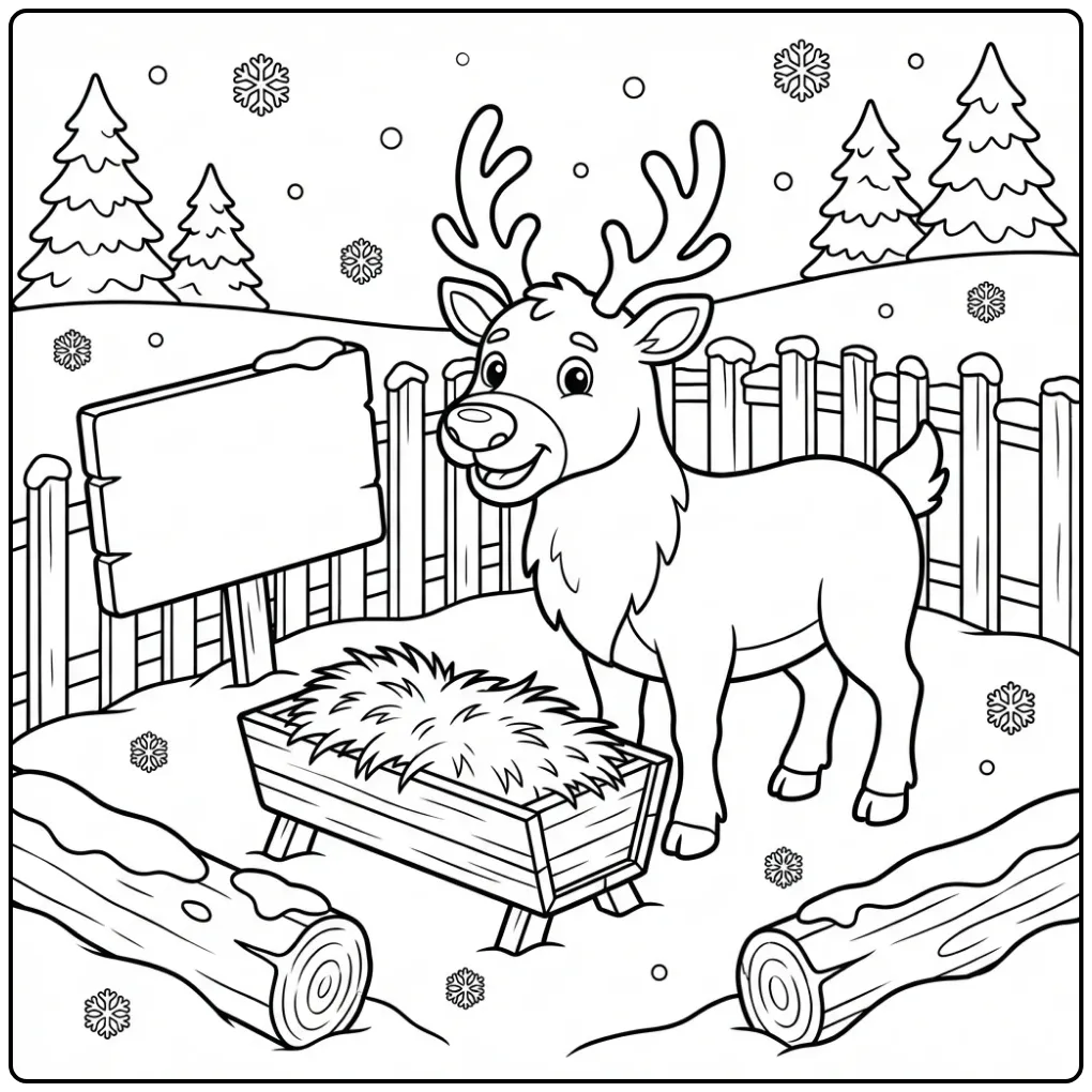 Reindeer coloring page featuring a reindeer at the hay rack