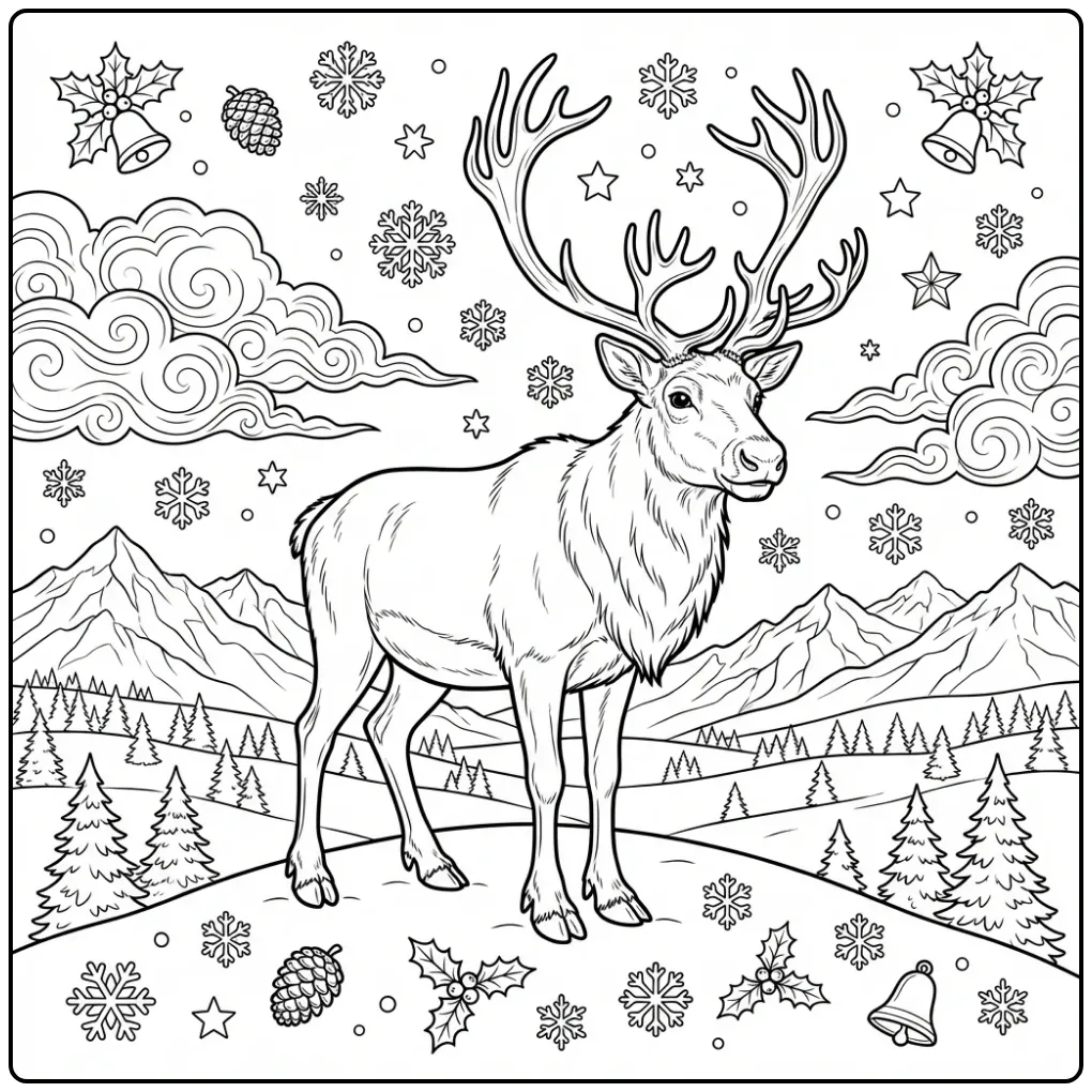 Reindeer coloring page showing a reindeer on a hill