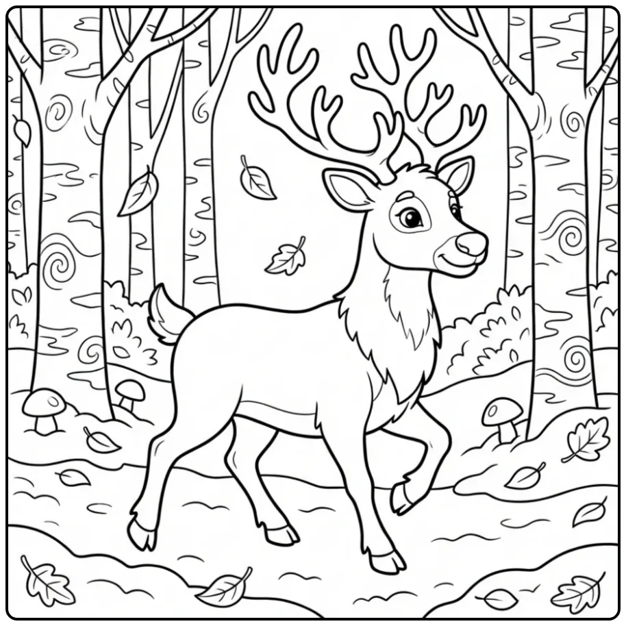 Reindeer coloring page showing a reindeer in a snowy forest