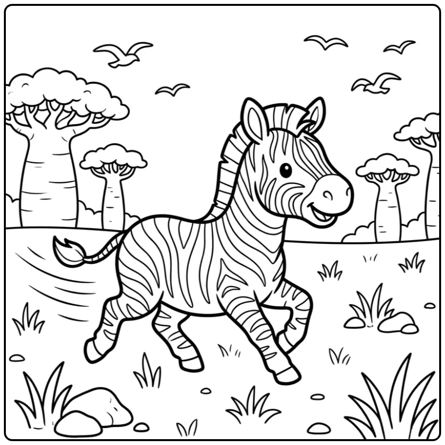 Cheerful Running Zebra in Nature coloring page