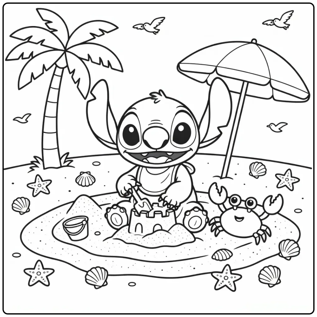 Cheerful Cute Baby Stitch in the Sandbox coloring page