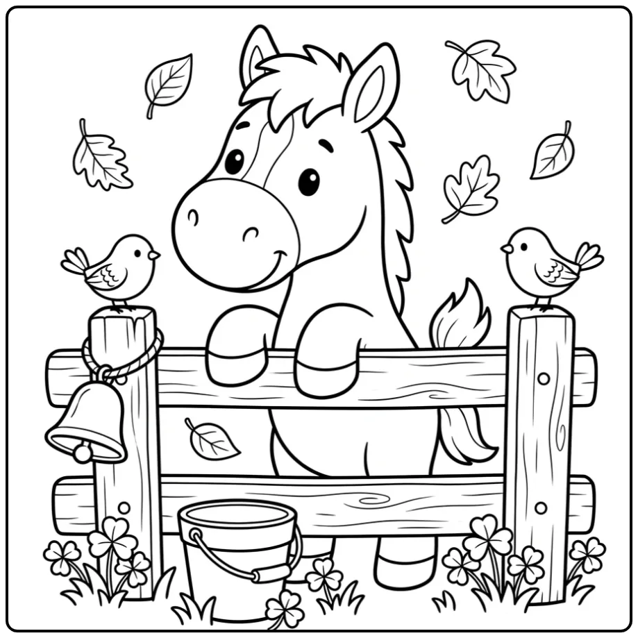 Cheerful Cute Foal by a Wooden Fence coloring page