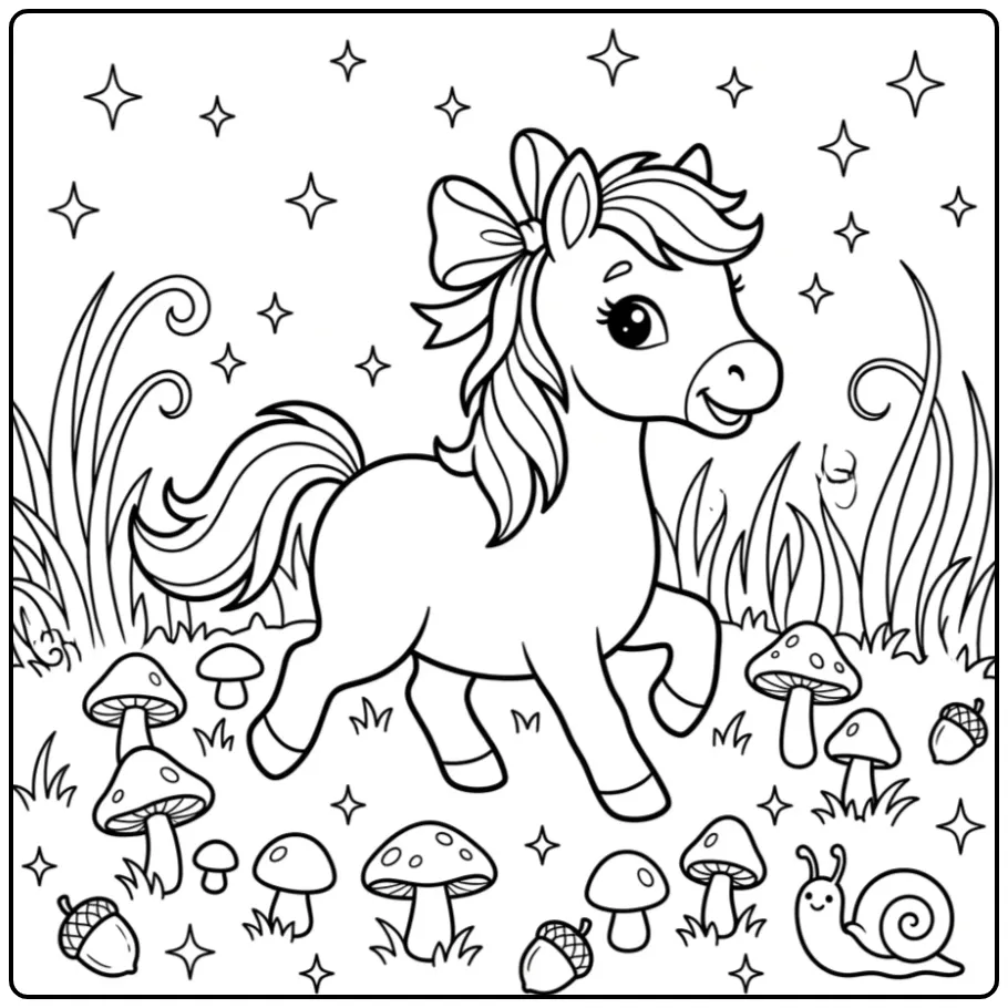 Cheerful Cute Foal Running in the Grass coloring page