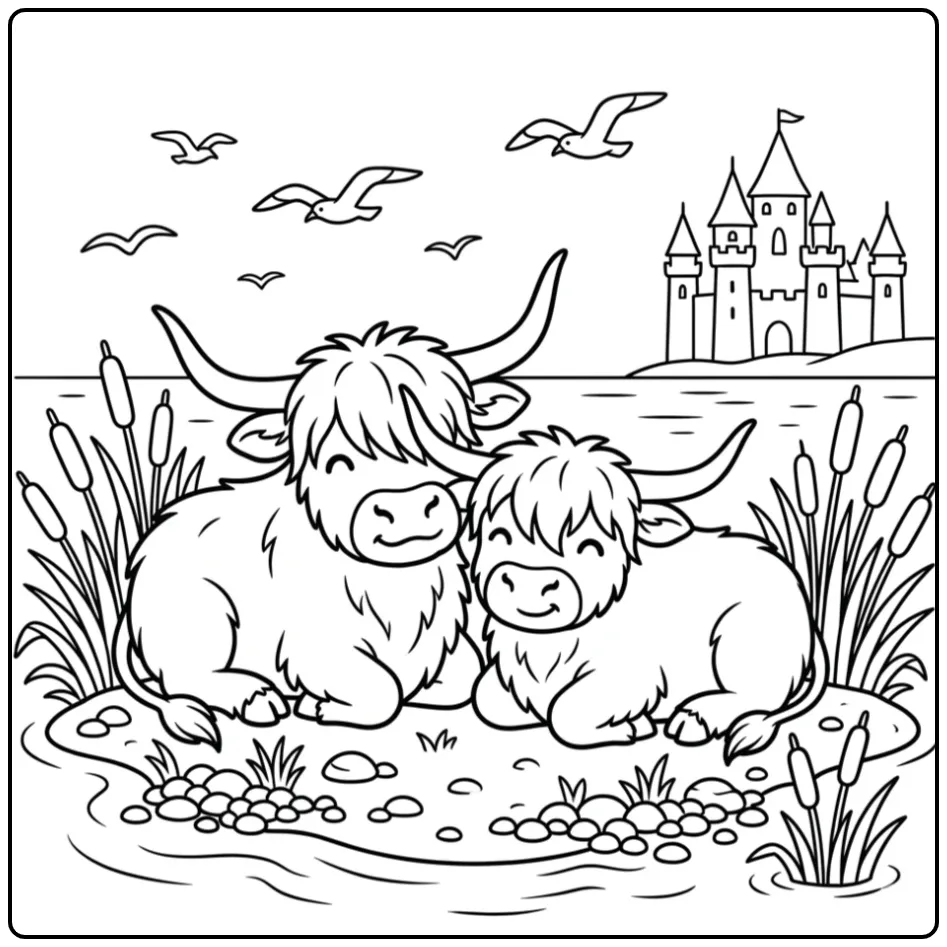Cheerful Scottish Highland Cow with a Castle View coloring page
