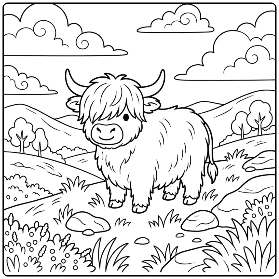 Cheerful Scottish Highland Cow for Children coloring page