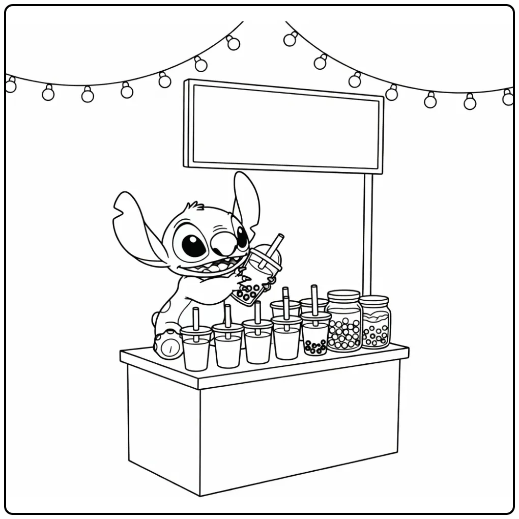 Cheerful Stitch with Bubble Tea Drinks coloring page