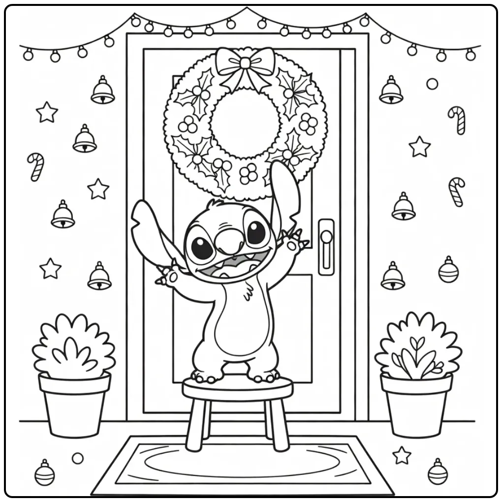 Cheerful Stitch Christmas by the Front Door coloring page