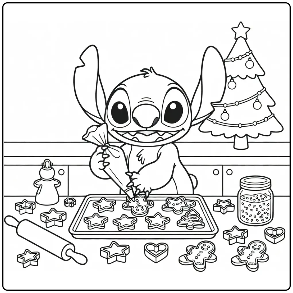 Cheerful Stitch Christmas with Gingerbread coloring page