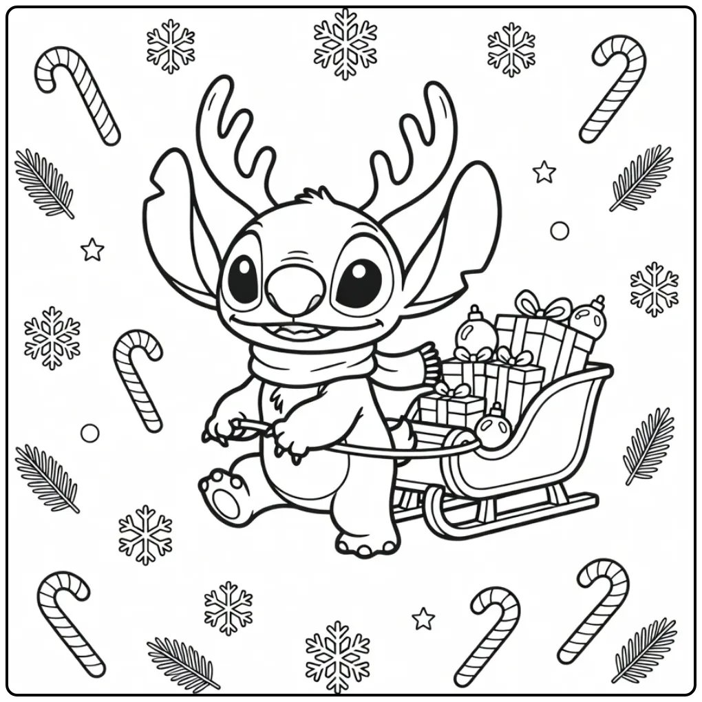 Cheerful Stitch Christmas Sleigh and Snowflakes coloring page