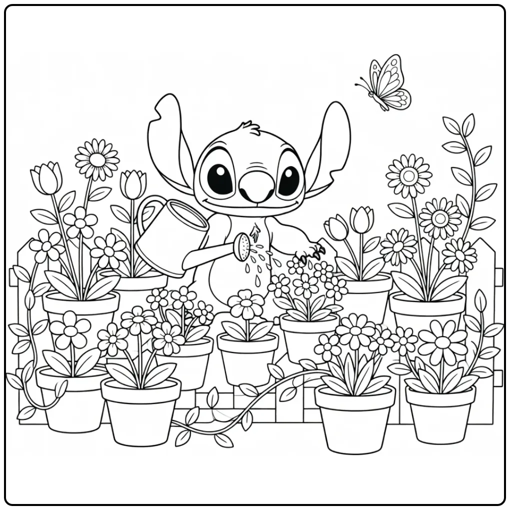 Cheerful Stitch in the Sunny Flower Garden coloring page