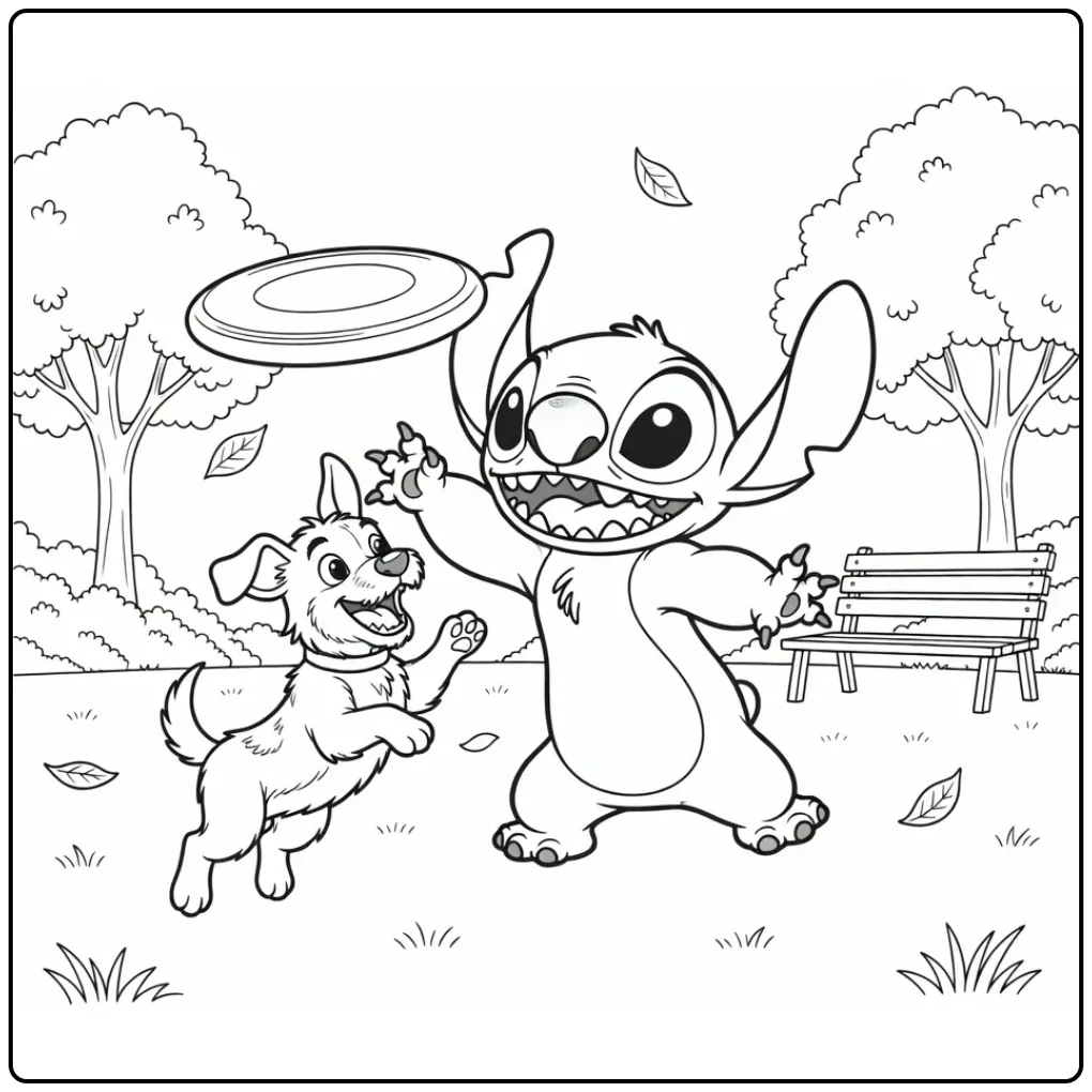 Cheerful Stitch in the Park with His Dog coloring page
