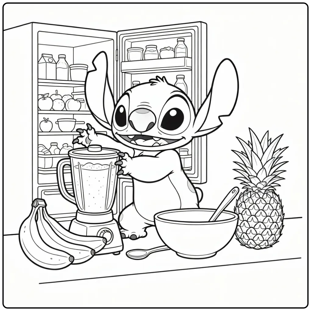 Cheerful Stitch Blender and Fresh Fruit coloring page