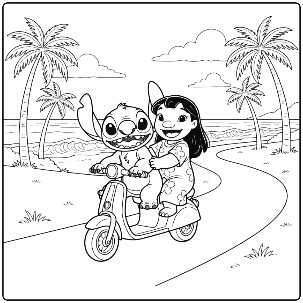 Cheerful Stitch and Lilo on the Scooter coloring page