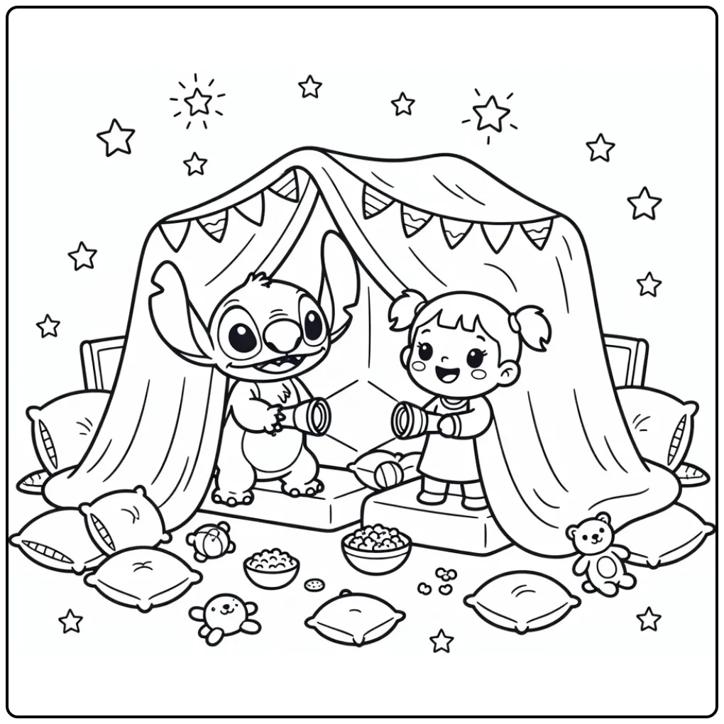 Cheerful Cute Stitch Building a Fort coloring page