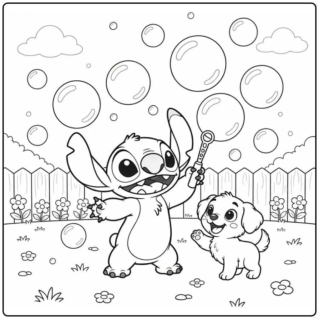Cute Stitch coloring page making bubbles with a puppy