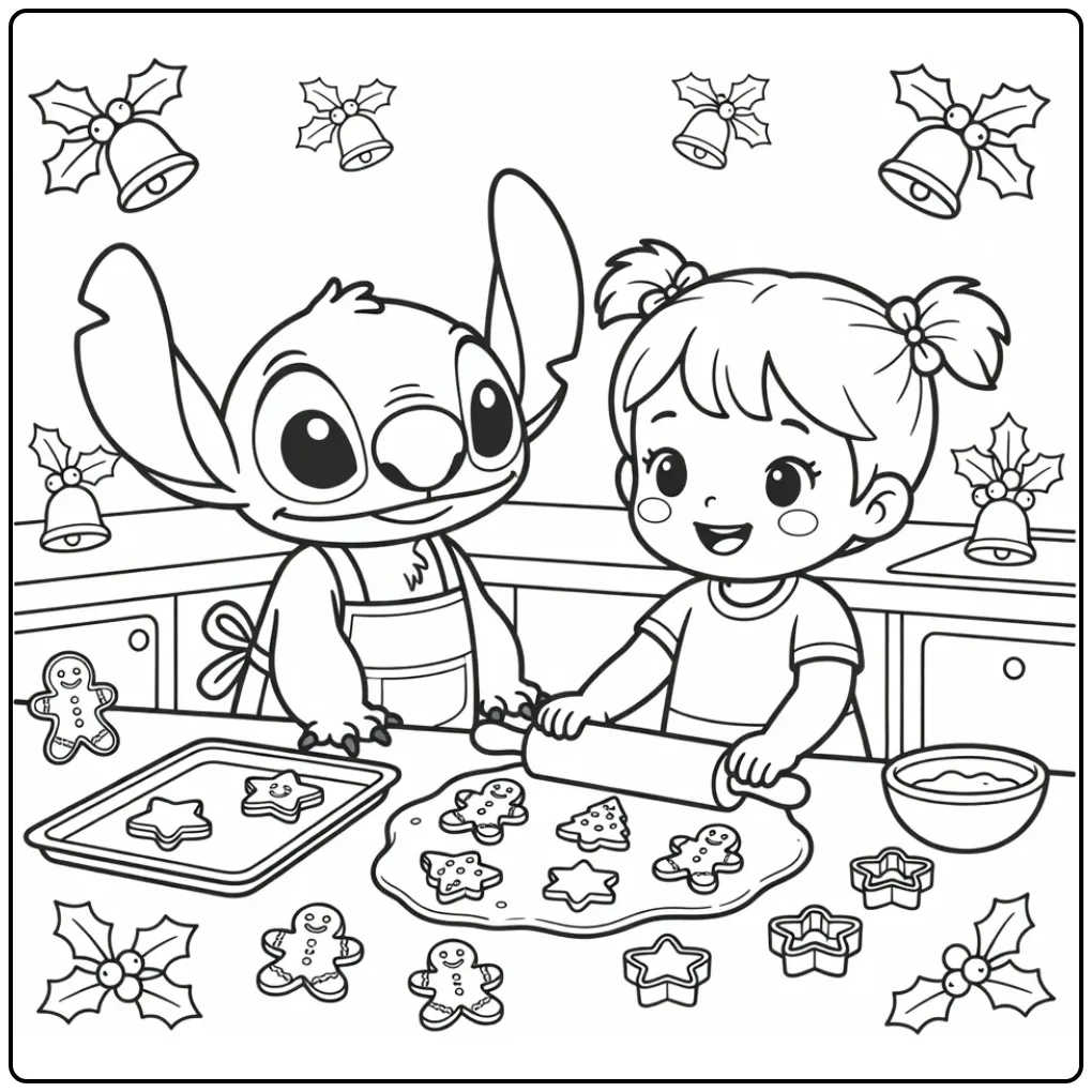Cheerful Cute Stitch Christmas Baking coloring page