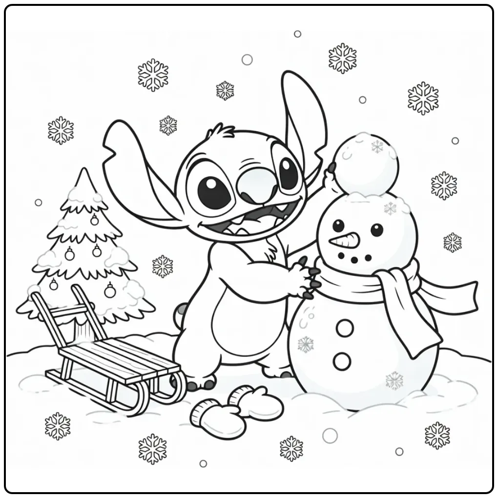 Cheerful Cute Stitch Christmas with Snowman coloring page