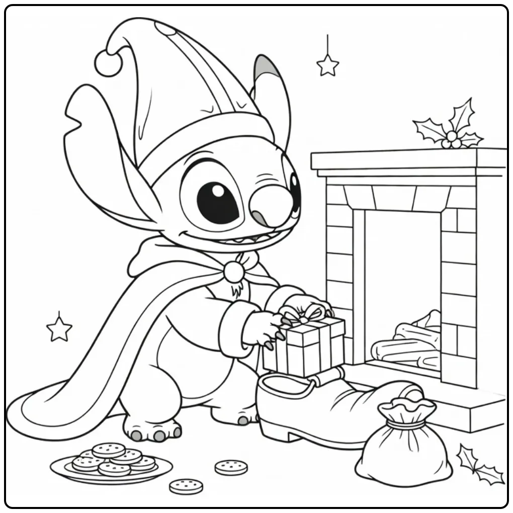 Cheerful Stitch Sinterklaas Gifts coloring page