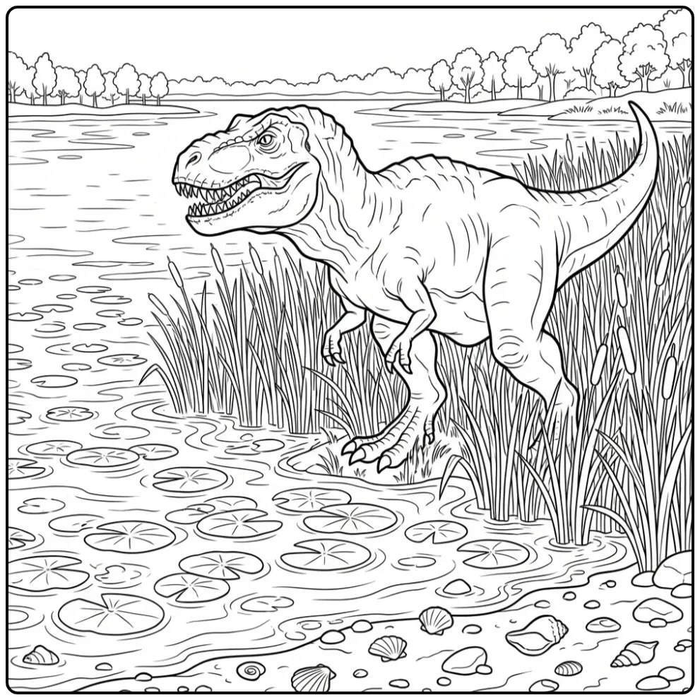 Cute T. Rex coloring page among reeds and water lilies