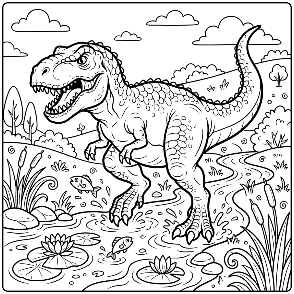 Cute T. Rex coloring page with a dinosaur stepping over water