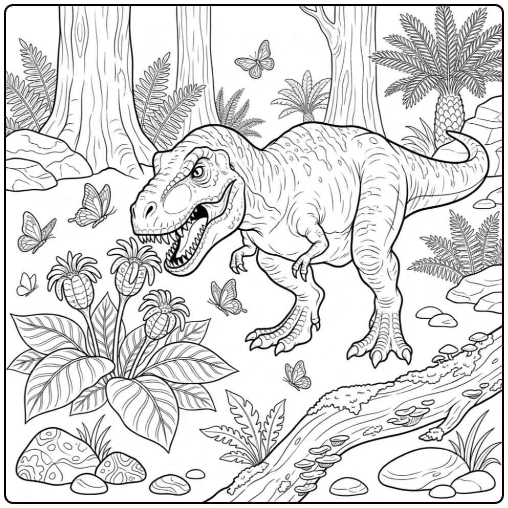 Cute T. Rex coloring page smelling prehistoric flowers