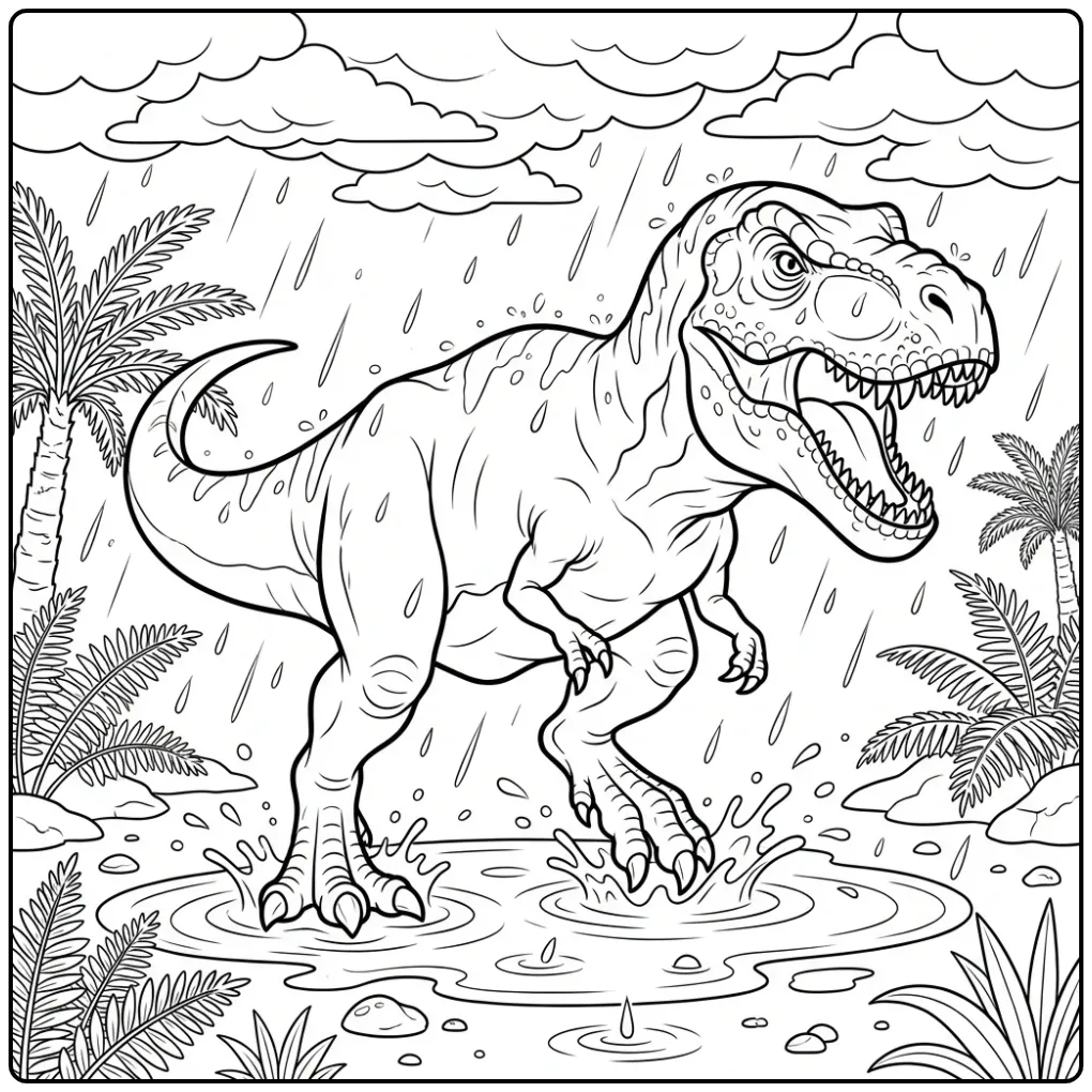 Cute T. Rex coloring page walking in the rain