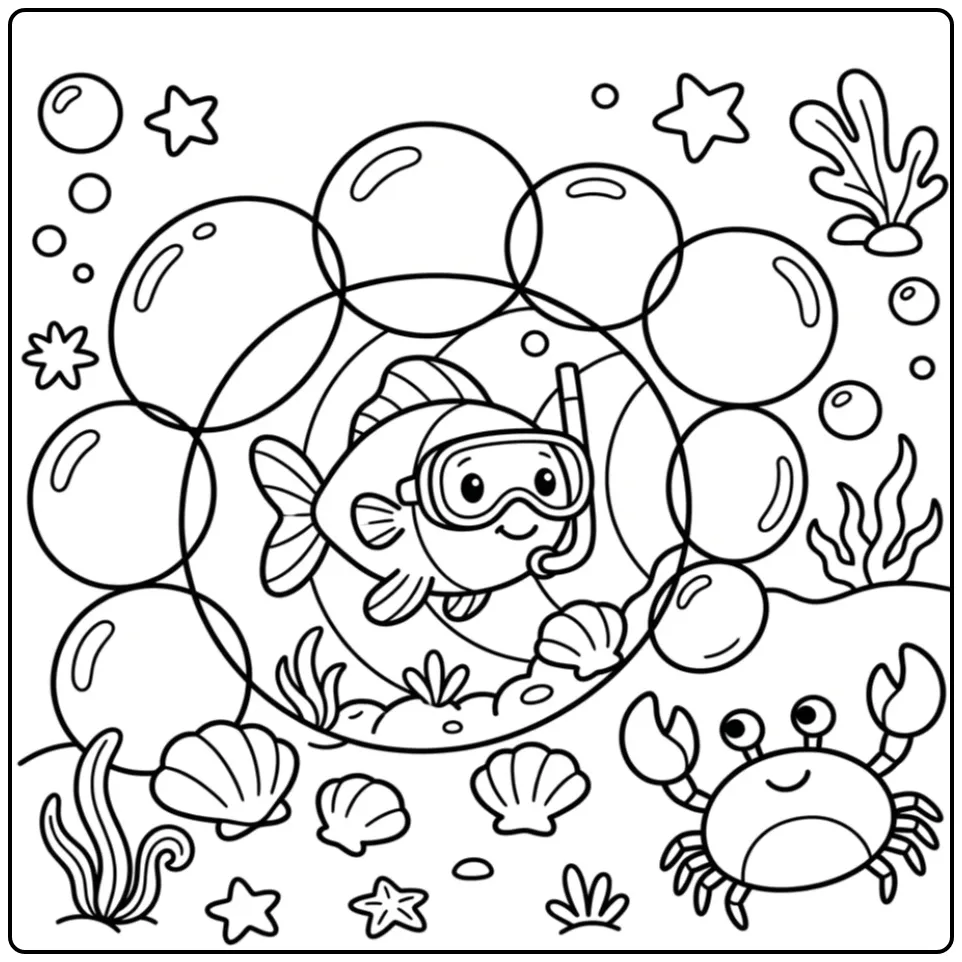 Cheerful Toddler Fish with a Crab and Seashells coloring page