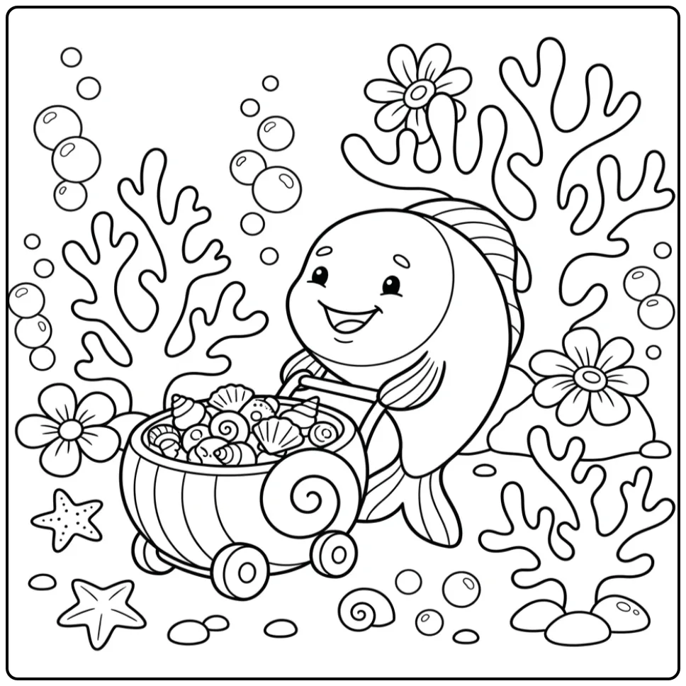 Cheerful Toddler Fish with a Shell Cart coloring page