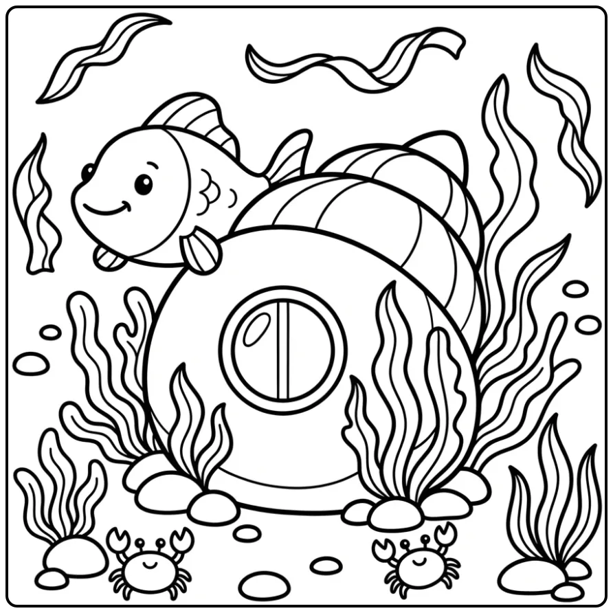 Cheerful Simple Fish with a Shell House coloring page