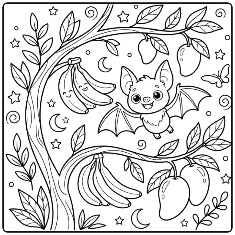 Cute bat coloring page with fruit and stars