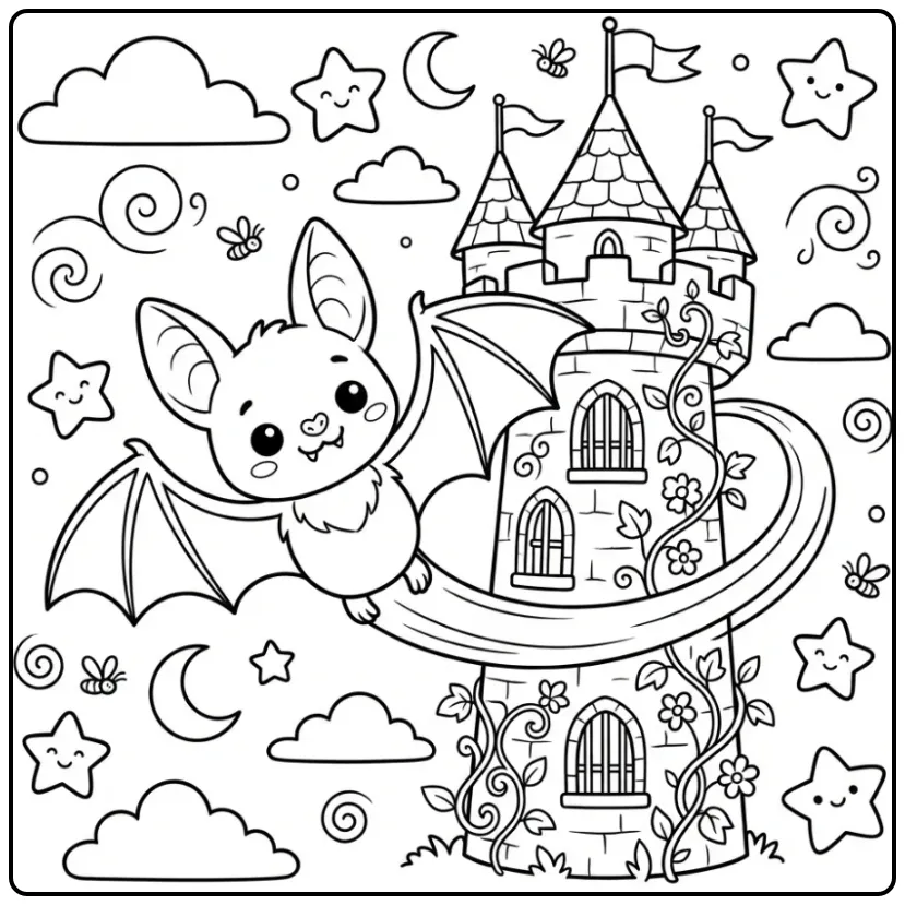 Cheerful Bat by a Castle Tower coloring page