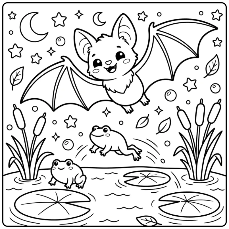 Cheerful Bat Above the Pond coloring page