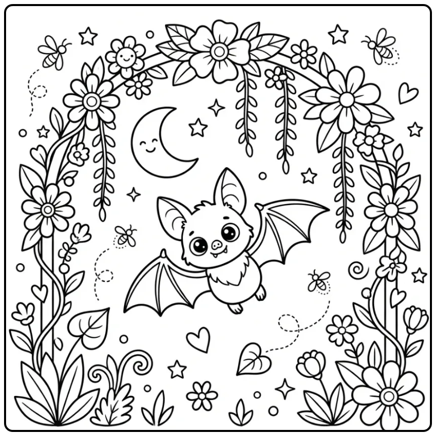 Cheerful Bat in a Moonlit Garden coloring page