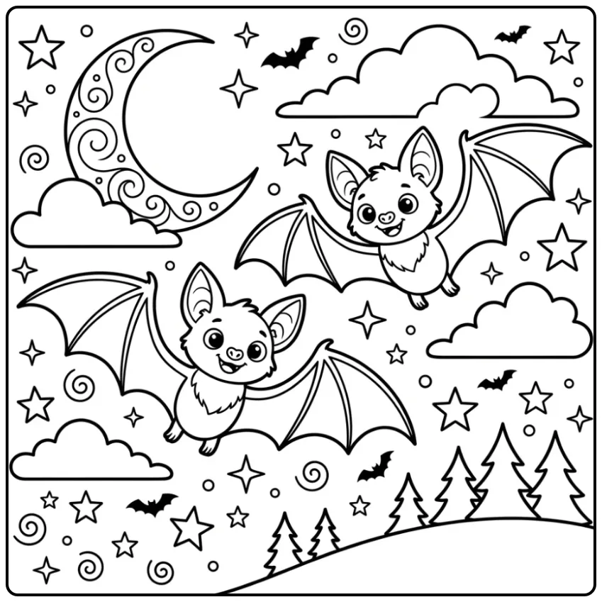 Cheerful Bat Under the Starry Sky coloring page