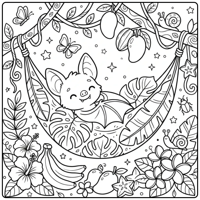 Cheerful Bat Among Fruit and Flowers coloring page