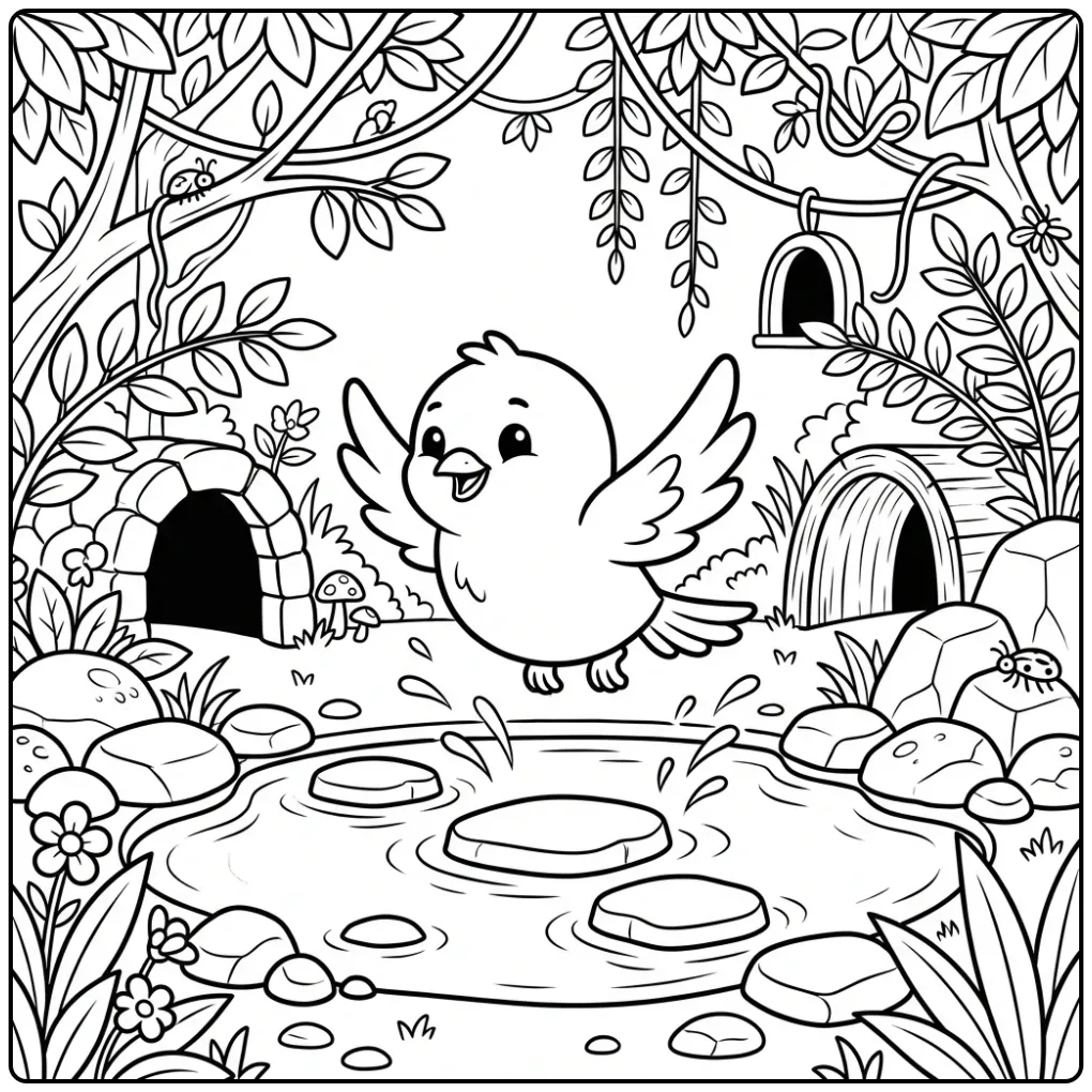 Cheerful Flying Bird by a Pond and Stone coloring page
