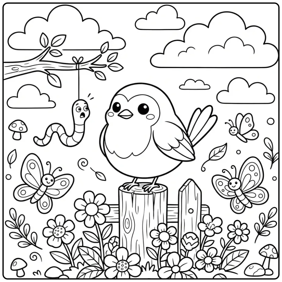 Cheerful Simple Bird with Robin on a Fence coloring page